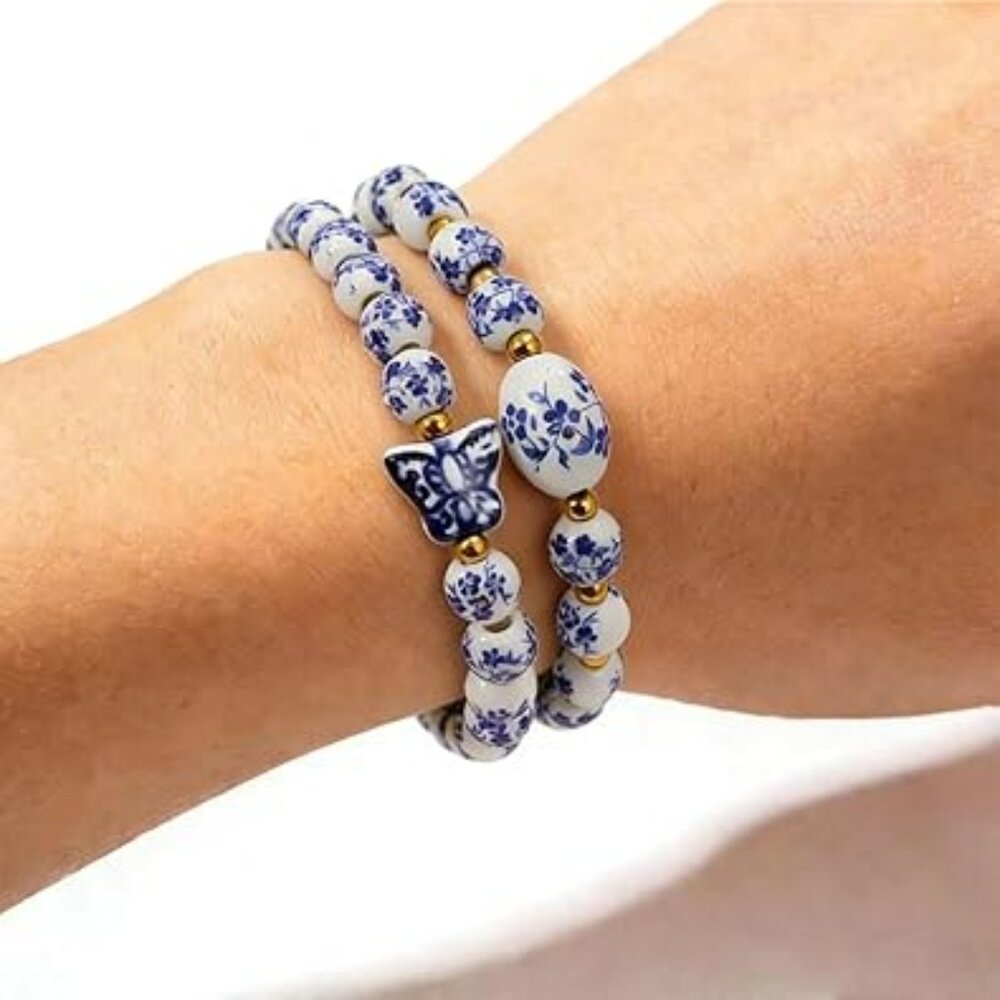 Blue and White Porcelain Beaded Butterfly Charm‎ Bracelet Set Adjustable Jewelry